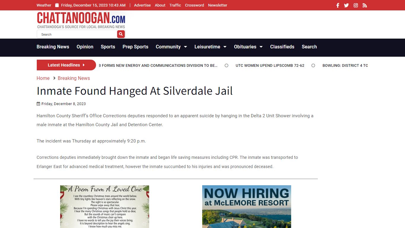 Inmate Found Hanged At Silverdale Jail - Chattanoogan.com